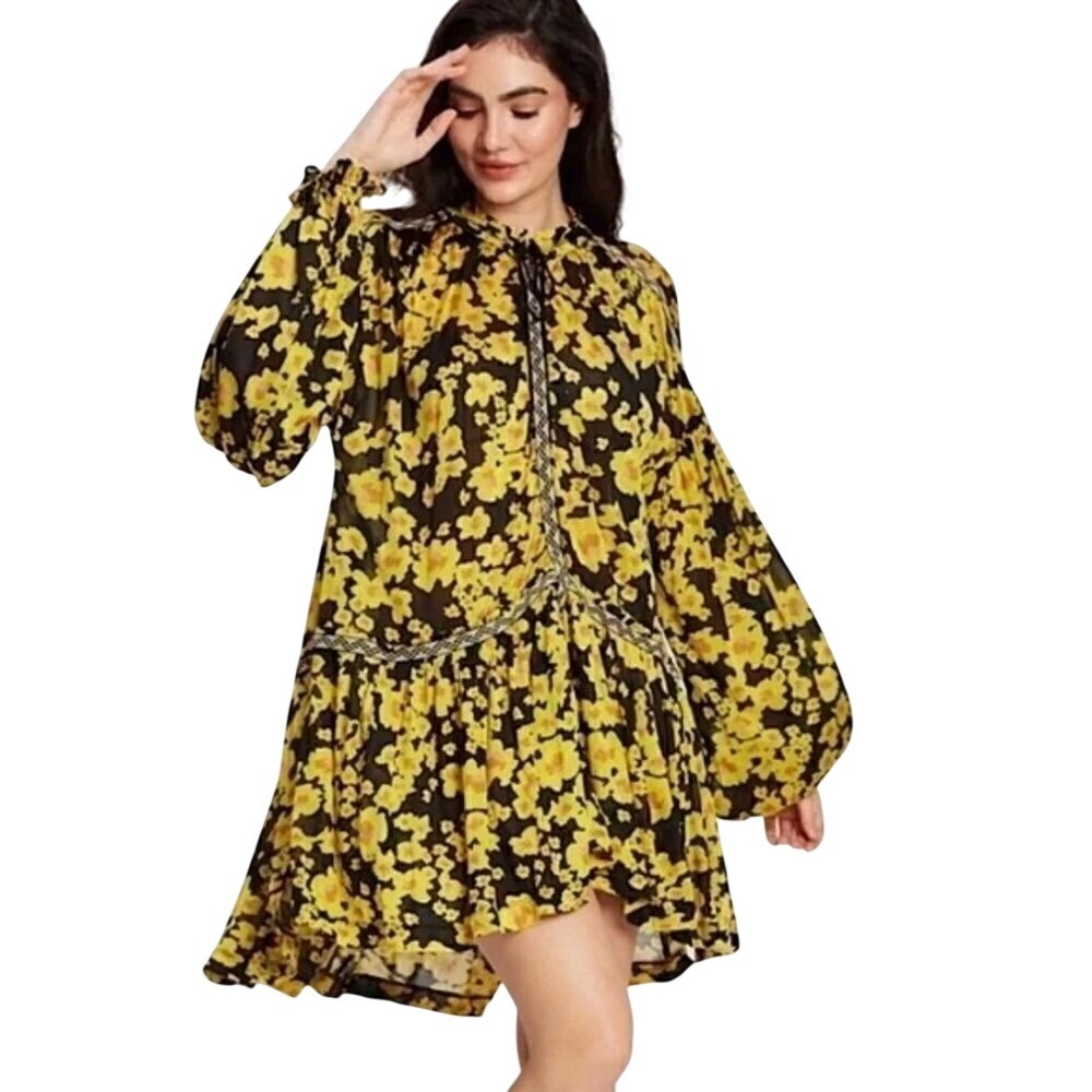 Free People Love Letter‎ Floral Tunic Bluse Yellow Black Top Dress Sz Medium